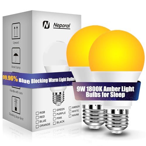 Image of Neporal 1800K Amber Sleep Light Bulbs 2PK, 99.96% Blue Blocking Soft Warm Light Bulbs,9W 60 Watt Equivalent, A19 Amber Night Light E26 for Bedroom and Baby Nursery Light
