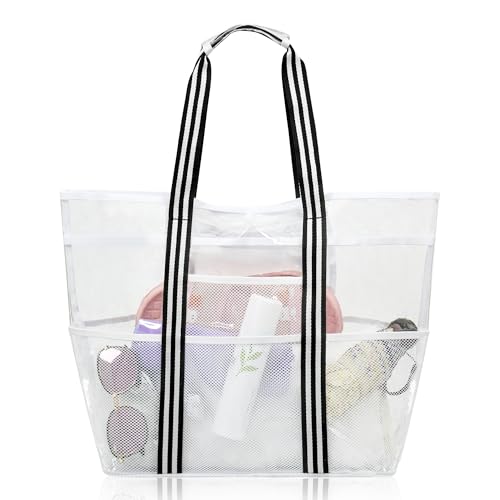 Clear Tote for Women, Extra Large Beach Bag, Stadium Waterproof PVC Mesh Bag for Travel, Pool, Cruise, Work, Gym, Vacation