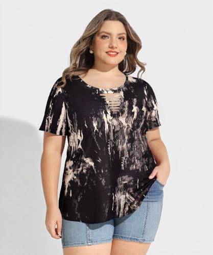 Image of CARCOS Plus Size Tops for Women Short Sleeve Shirts Basic Tee Solid Color Blouse V Neck Tunic Loose Fit Tshirts Summer XL-5XL