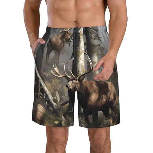 Hunting Deer Bear Elk Men's Swim Trunks Quick Dry Board Shorts with Pockets Casual Drawstring Beach Shorts