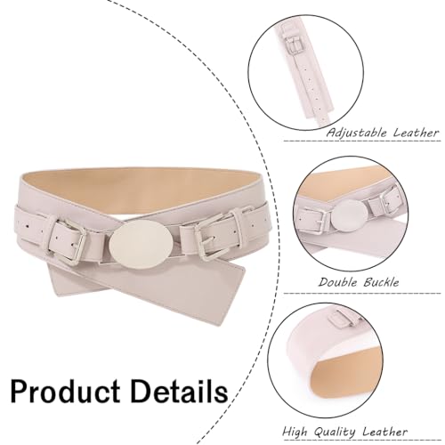 Urieo Vintage Double Buckle Leather Belt Grey Retro Waist Belts Wide Western Cowgirl Dress Dresses Ladies Costume Cinch Belt for Women2