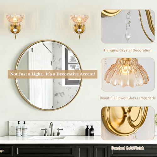 Image of 1 Piece Vintage Wall Sconce, 1-Light Brushed Gold Finish Wall Sconce with Hanging Crystal Accents and Flower-Shaped Amber Shades for Bathroom Bedroom Living Room,Vintage Vanity Light