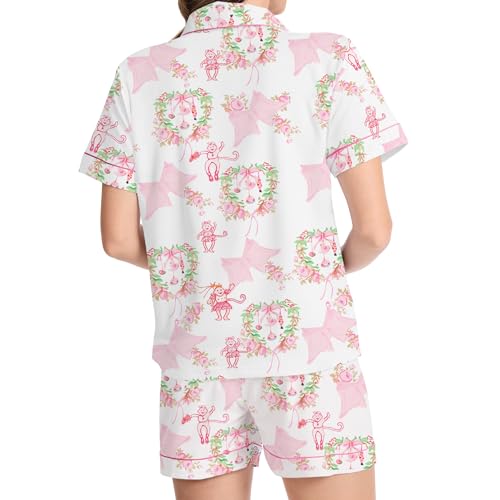 Image of Ammiko Womens Pajamas Set Y2k Loungewear Pajama Button Down Top and Shorts Monkey Beach Short Sleeve Sleepwear Preppy