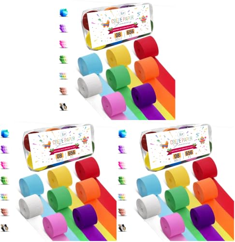Image of 8 Crepe Paper Streamers Rolls, 656ft Pack of Unique 8 Rainbow Streamers Party Decorations, Birthday Streamers, Party Streamers for Wedding Decoration (1.8 inch x 82 ft /Roll) (Pack of 3)