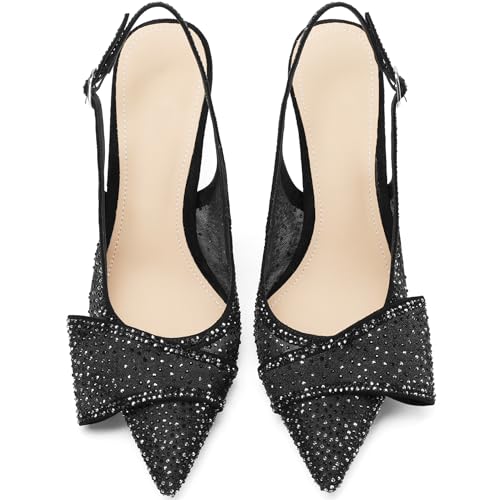 Image of Women's Slingback Heels with Bow Leather Pointed Toe Pumps with Elasticated Strap 3.3 inch High Heels Evening Comfy Dress Shoes