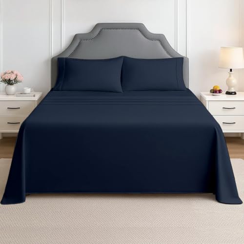Olympic Queen Sheet Set 66x80 Luxury RV Bedding Premium Microfiber Sheets with 15 Deep Pockets Fits Olympic Queen Mattress (Navy Blue)