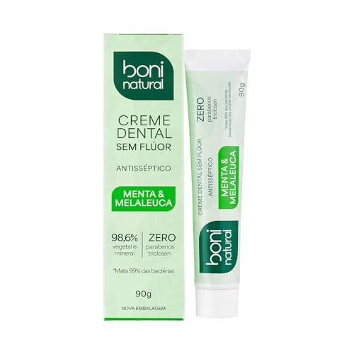 Boni Natural – Creme Dental com óleos naturais de Menta e Melaleuca Vegano e Natural, Sem Flúor, Sem Triclosan, Branco