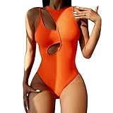 Damen Badeanzug Einteiler Push up Damen Schwimmanzug Solide Farbe Hoher Beinausschnitt Strandbikini Bauchkontrolle Schwimmanzug (Orange, L)