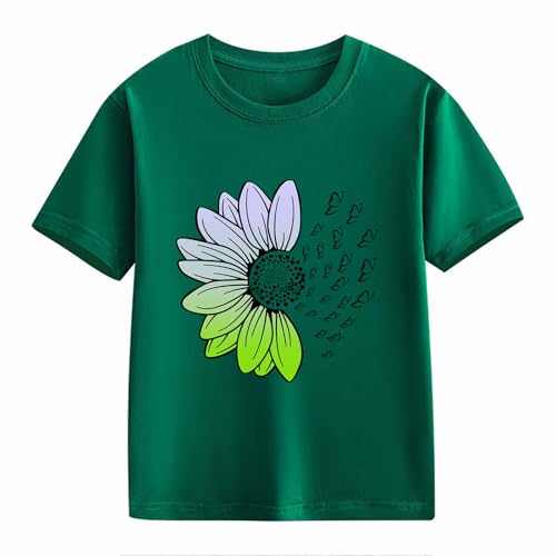 Girls Loose Fit Sunflower Graphic T Shirts Short Sleeve Crewneck Cute Pattern Printed Tops Kids (D-Green, 8-9 Years)2