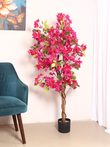 Image of Artificial Bougainvillea Tree 5 Feet with Pot Premium Pink Flower Plant for Home Decor, Office, Hotel, Living Room & Indoor Decoration Realistic Faux Flower Tree