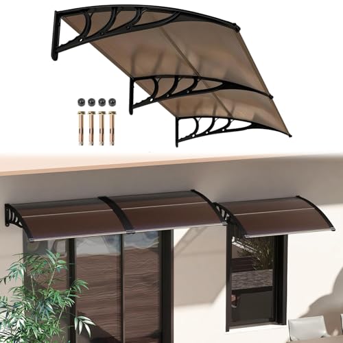RELAX4LIFE Marquise de Porte Exterieur 200x100 CM, Auvent Porte D’entrée en Polycarbonate, Protection Contre Pluie et UV, Auvent Marquise Aluminium pour Terrasse Balcon (200 x 100 cm,Marron)