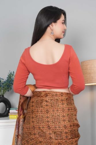 Image of Mlada V-Neck Stretchable Saree Blouse Top for Women | Slim Fit 3 /4th Sleeves Solid Cotton Blouses | Readymade Saree Blouses for Women Festive & Ethnic | Blouse Crop Top