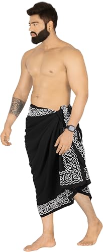 LA LEELA Men's Pareo Regular Swimsuits Summer Sarong Long Swim Beach Wrap One Size Onyx, Plain3