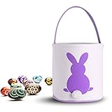 Foldable Easter Basket Easter Bunny Bag Easter Eggs Hunt Bag Gifts/Fluffy Tails Printed Rabbit Canvas Toys Bucket Tote (Purple)