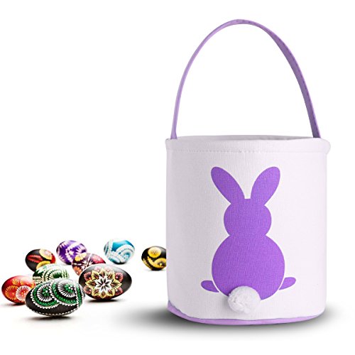 Foldable Easter Basket Easter Bunny Bag Easter Eggs Hunt Bag Gifts/Fluffy Tails Printed Rabbit Canvas Toys Bucket Tote (Purple)