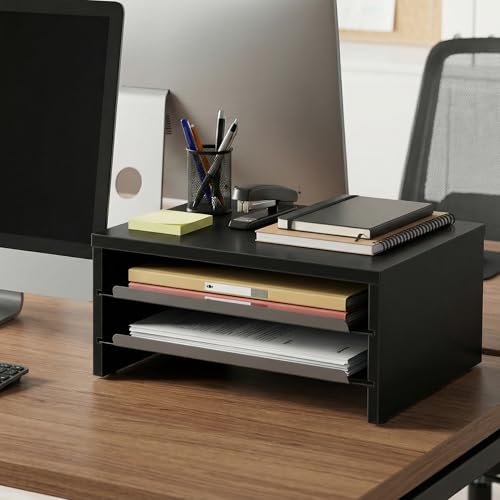 Image of Fenge Monitor Stand, 3-Tier Monitor Riser with Slide-Out Tray, Wooden and Metal Desktop Organizer for Home Office, Computer, Laptop, Printer, Telephone