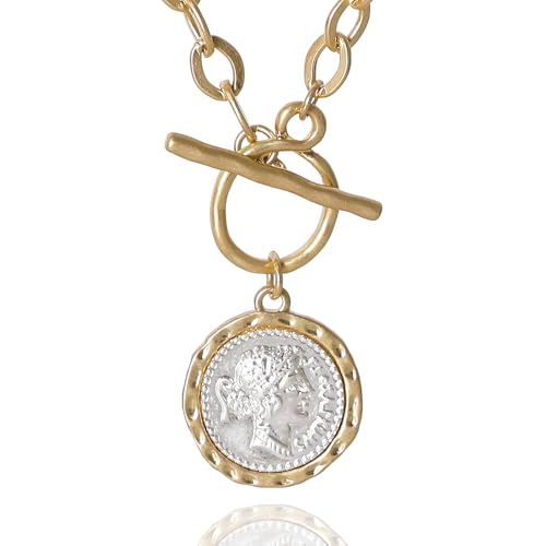 Chunky Gold Coin Necklace for Women Silver and Gold Chain Pendant Necklaces 18 Inch Antique Toggle Thick Link Fashion Jewelry Gift for Women