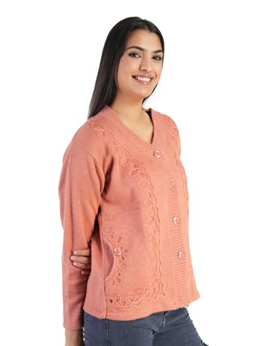 Image of MANRA Women's Woolen V-Neck Buttoned Full Sleeve Cardigan Self Design Soft Wool Fabric Winter Wear Pure Wool Sweater Fully Warm with Front Pockets Stylish Cardigan