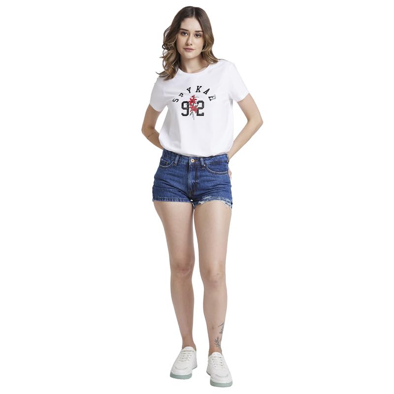 Image of Spykar Women Dark Blue Cottom Slim Fit Above Knee Length Denim Shorts