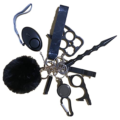 Self Defense Keychain for Women - Women Safety Keychain with Alarm - Wristlet - Pompom - Key Rings Telescopic Buckle - Whistle - Window Breaker