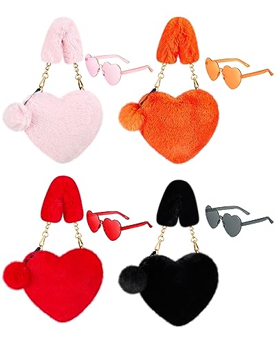 Aliceset 4 Sets Valentine‘s Day Furry Purse Heart Shaped Furry Purse Glasses Set, Fluffy Love Shaped Wallet, Soft Faux Fur Handbag for Women Ladies Happy Valentine's Gifts