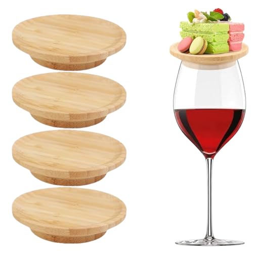 WUSJCOF Lot de 4 décorations en bois pour verre à vin, assiette bois, assiette en bois, assiettes à apéritif, desserts, boissons, accessoires de fête, dîner en famille