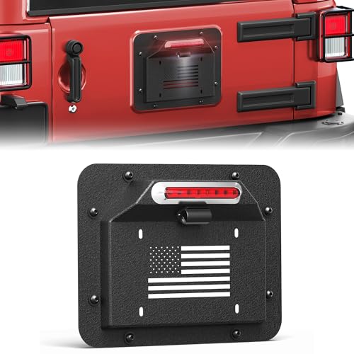Spare Tire Delete License Plate Holder with LED Brake Light, Fits for 2007-2018 Jeep Wrangler JK JKU, Carbon Steel with E-Coating & Powder-Coated Finish, USA Flag Relocation Bracket Kit