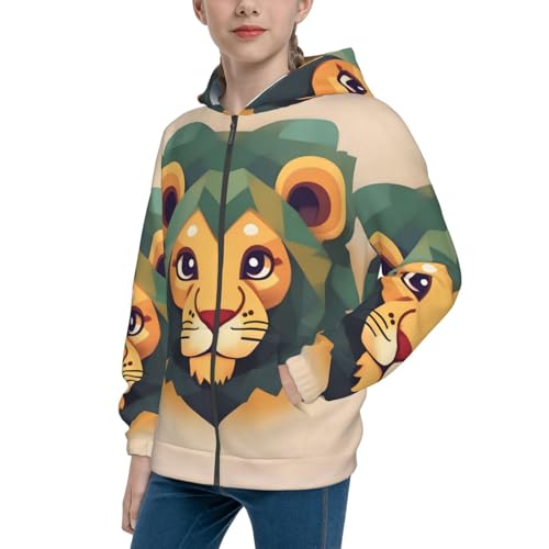 Cartoon lion Print Girls Athletic Zip Up Hoodies,Sweatshirts with Pockets Long Sleeve Hooded Jackets, for 7-18 Y