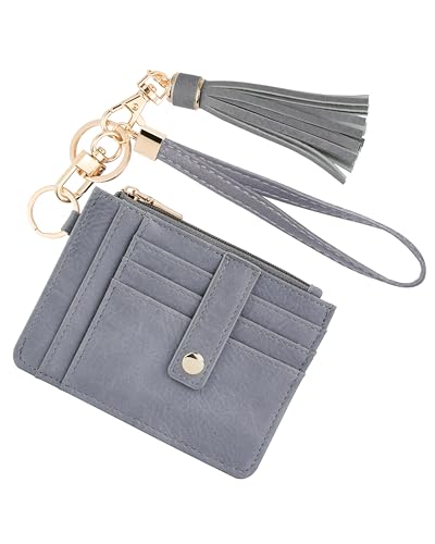 Image of KNGITRYI Wallet, Slim RFID Credit Card Holder with Wristlet Keychain, Gray (Unisex, PU Leather, 8 Card Slots, RFID Protected, Fashion Tassel)