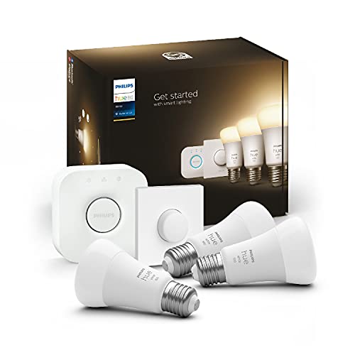 Philips Hue White Starter Kit con 3 Lampadine, con Bluetooth, Dimmerabili, Attacco E27 + 1 Bridge Hue Controllo Completo del Sistema + 1 Telecomando Hue Smart Button, Bianco