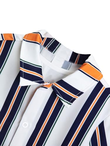 Image of Verdusa Boy's 2 Piece Outfits Striped Print Short Sleeve Collared Button Down Shirt and Shorts Set Orange White 10Y