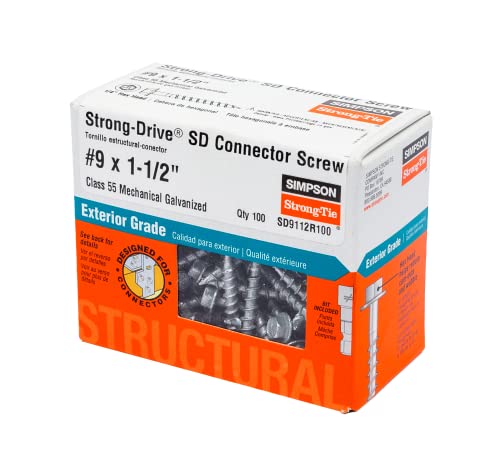 Simpson Strong-Tie SD9112R100 - #9 x 1-1/2 Inch Strong Drive SD Connector Screws - 1/4 Inch Hex Head, Galvanized Coating, Hex Bit Included, for Construction, Home Improvement (Box of 100)