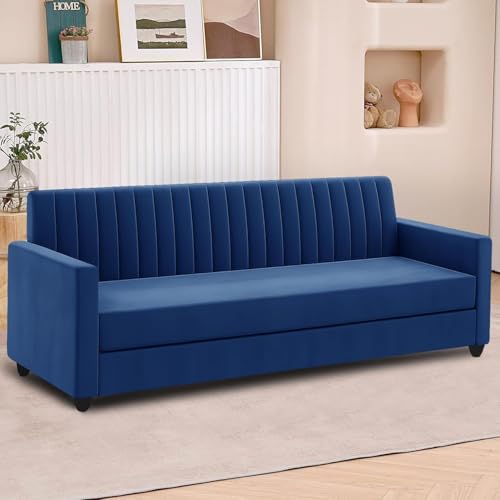 Image of Wooden 5 Seater Sofa Set (3+2) with Ottoman, Plush Velvet Upholstery, Modern & Space-Efficient Design for Living Room, Office and Guest Use - Blue