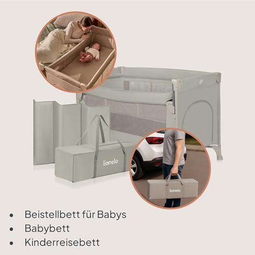 Lionelo Ellen 3 in 1 Reisebett von 0 bis 3 Jahren, Beistellbett für Neugeborene und ältere Kinder bis 15 kg, 2 Matratzenhöhen, Befestigungsgurte, seitlicher Reißverschluss, 2 Rollen, Tasche