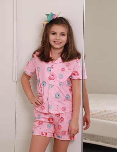 Image of Arshiner Girls Pajamas Sets Short Sleeve Kids Pjs Button Down Sleepwear | Cute Printed Pajamas for Little & Big Girl, Lightweight Comfy Fabric, 2-Piece Outfits, Perfect for Lounge Pajamas Party