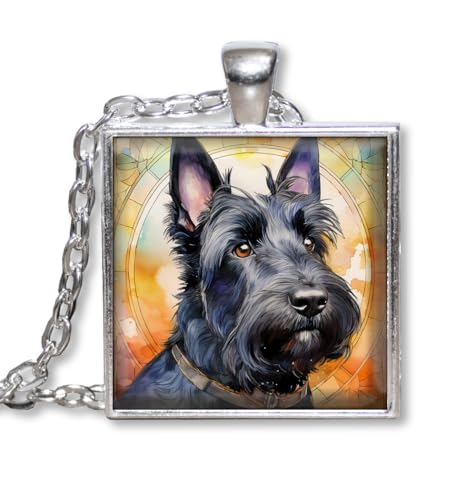 Scottish Terrier Dog Animal Lovers - Handmade SQUARE Glass Pendant Necklace Jewelry (Bright Silver Tone)