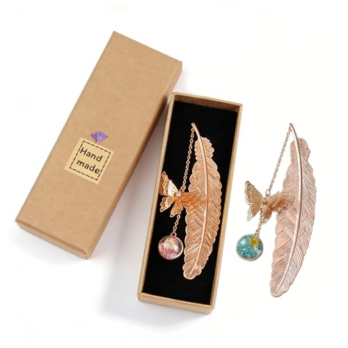 2 piezas de marca de página pluma de metal con flor seca perlas de cristal colgante, ideal como regalo de Navidad para lectores mujeres niños   Accesorio de lectura original Idee