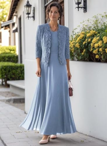 2 Piece Mother of The Bride Dresses with Jacket Lace Chiffon Tea Length 3/4 Sleeve Formal Dress for Women WQ112