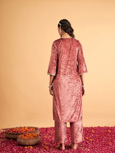 Image of Women's Velvet Floral Embroidered Straight Kurta | Round Neck Three-Quarter Sleeve Calf Length Kurti with Thread Work