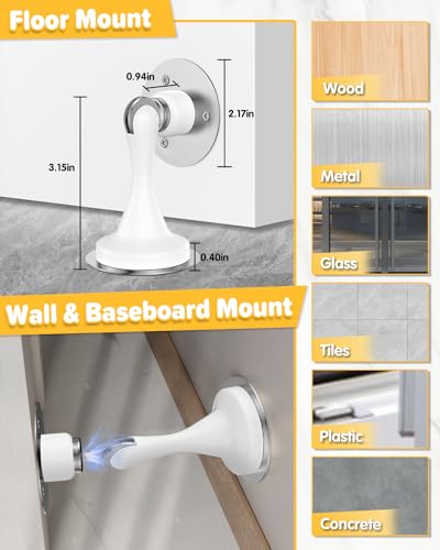 Image of Door Stoppers Magnetic Door Stop - 1 Pack Stainless Steel Powerful Doorstop Catch for Wall Floor - Heavy Duty Hold Door No Drilling Double-Sided Adhesive & Screws Keep Door Open, White