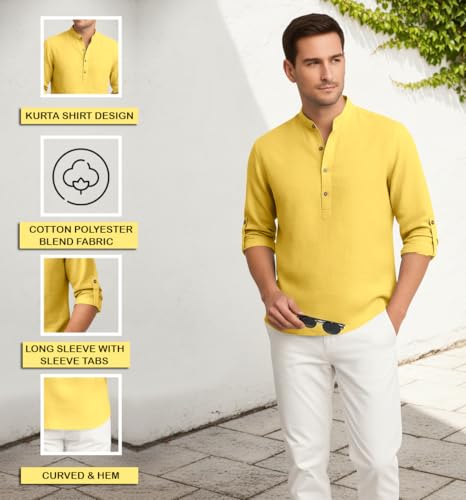 Image of Zombom Men's Cotton Blend Kurta Shirt with Full Sleeves Mandarin Collar Neck Solid Pattern for Men Regular Fit Ethnic Wear Casual Festive Top Modern Style | Cotton Shirt for Mens