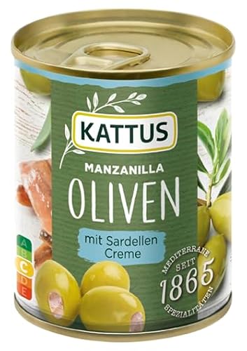 Kattus - Grüne Manzanilla Oliven mit Sardellencreme gefüllt | Entsteinte Oliven, in Lake | 85 g in der Dose