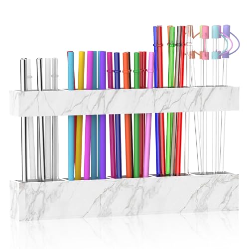 Rycid Straw Holder for Cabinet Door, 9.8” Large Acrylic Adjustable Two-Part Straws Organizer with Ultra Sticky Adhesive Strips, 2025 Reusable Straw Storage for Kitchen Cupboard(Marble Color)