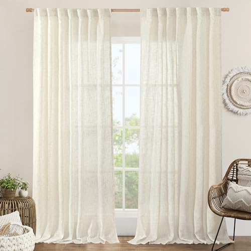 LAMIT Extra Wide Linen Curtains for Bedroom, Natural Cream Ivory Light Filtering Faux Linen Textured Panels Semi Sheer Back Tab and Rod Pocket Boho Drapes for Living Room, 2 Panels, 60 x 84 Inch