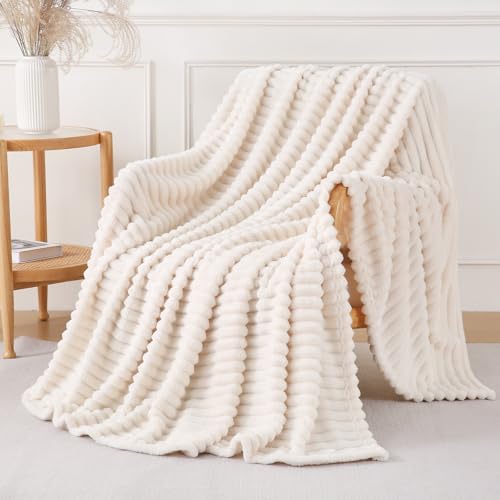 YIICKO Cream White Throw Blanket for Couch Sofa 50x60 inches Striped Fleece Blankets Room Home...