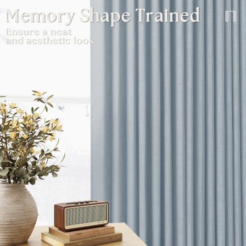 Image of Dusty Blue Pinch Pleated Short Linen Curtains 45 Inches Long 2 Panels for Living Room Bedroom Memory Trained Semi Sheer Pleat Drapes Hooks Rings Light Filtering Small Kitchen Window Curtain 40x45