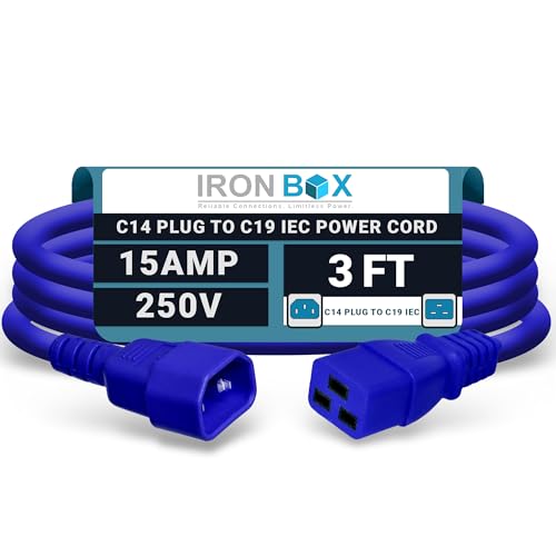 IronBox Electric - Heavy-Duty C14 to C19 Power Cord, 15A, 250V, 14/3 SJT - IEC60320 PC Cable for Computer Extensions, Monitor, PSU - C14 Male to C19 Female Connector Power Cable - (Blue 3 Foot)