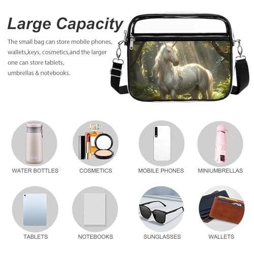 Magical Unicorrn in The Forests Creek Large Clear Stadium Bag Clear Mini Messenger Bags with 2 Compartments Crossbody Bag3