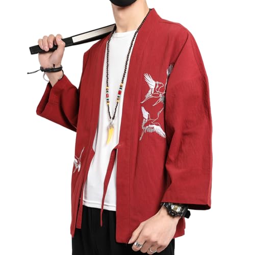 Image of Men's Japanese Kimono Cardigan Loose Cotton Linen 3 /4 Sleeve Open Front Casual Summer Shirt Jackets