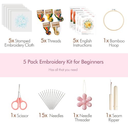 Kit de bordado para iniciantes, 5 conjuntos de kits de ponto cruz para iniciantes, kit de bordado pa